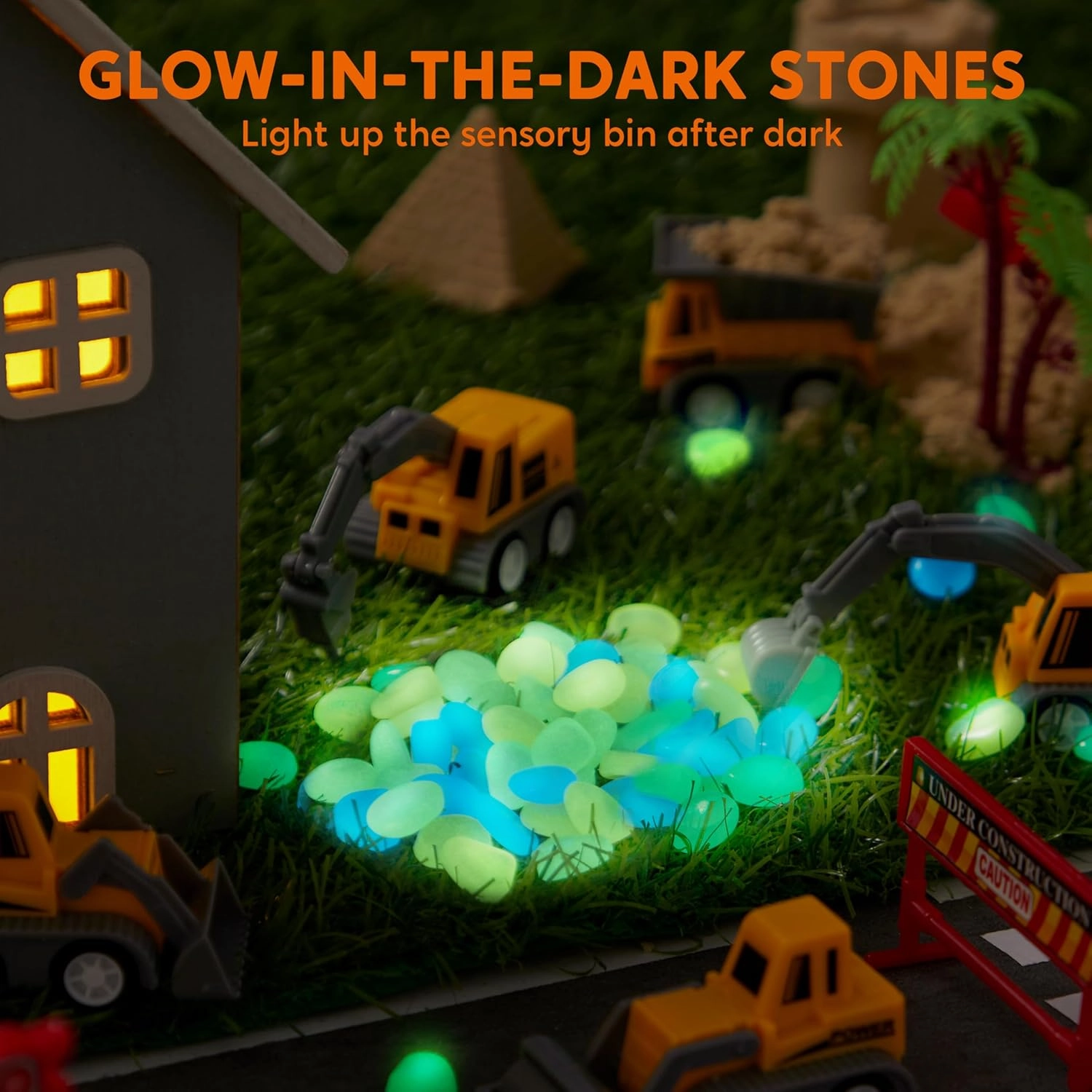Klever Kits Construction Sensory Bin for Toddlers with Glow in The Dark Stones, Sandbox with Lid Castle Building kit, Preschool Learning Activities Gifts for Boys Girls Age 3 