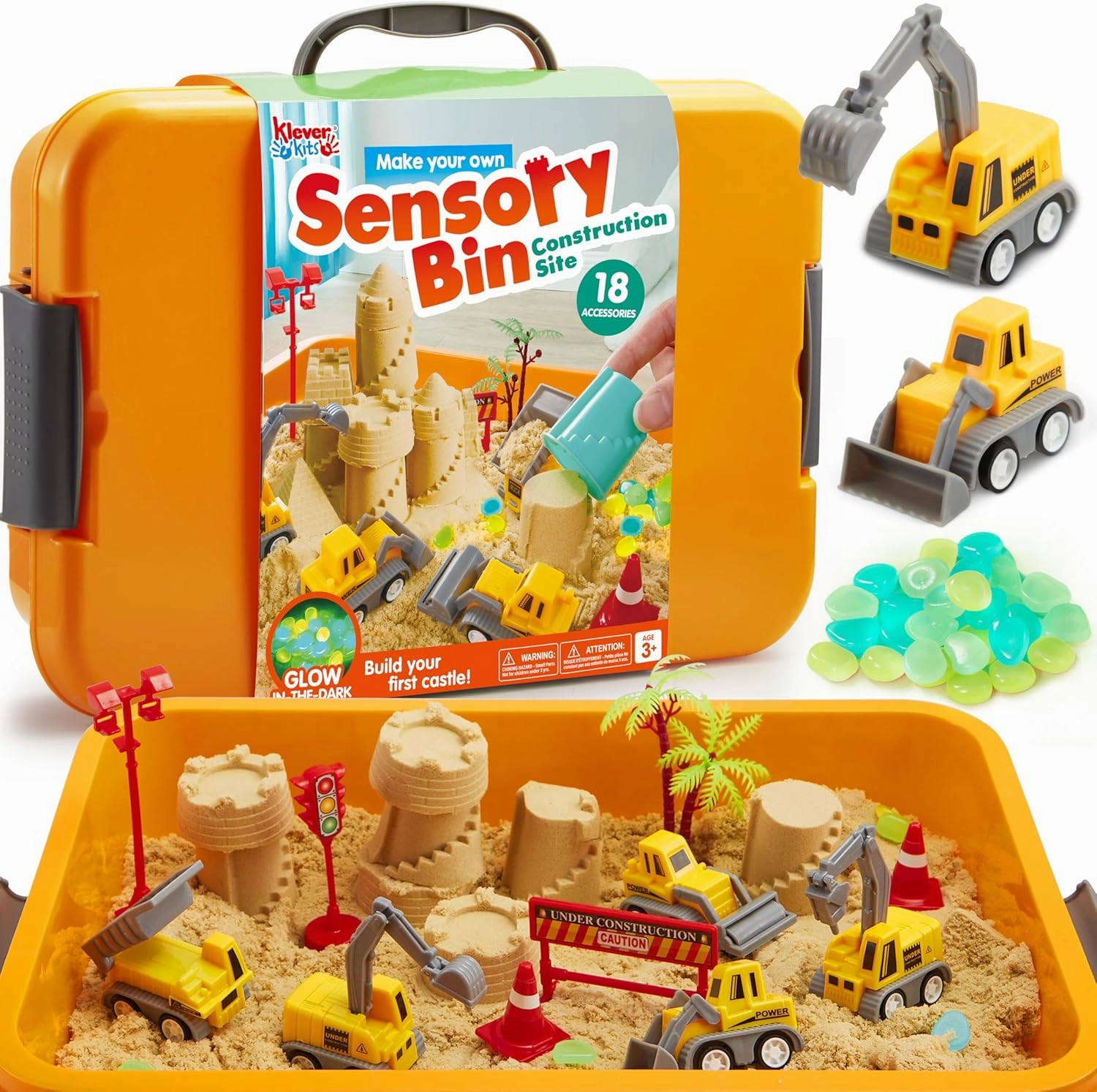 Klever Kits Construction Sensory Bin for Toddlers with Glow in The Dark Stones, Sandbox with Lid Castle Building kit, Preschool Learning Activities Gifts for Boys Girls Age 3 