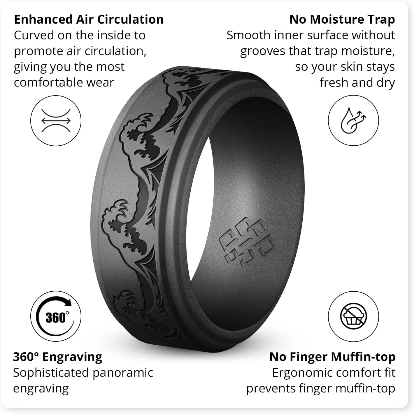Knot Theory Silicone Ring for Men – Mountain, Waves, Forest Engraving - 8mm Bandwidth Breathable Comfort Fit