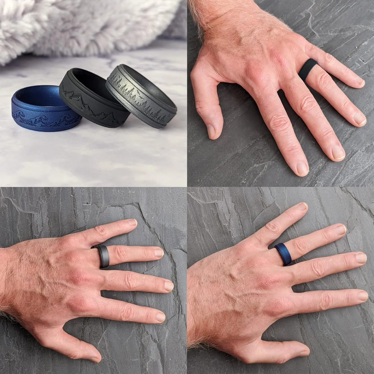 Knot Theory Silicone Ring for Men – Mountain, Waves, Forest Engraving - 8mm Bandwidth Breathable Comfort Fit