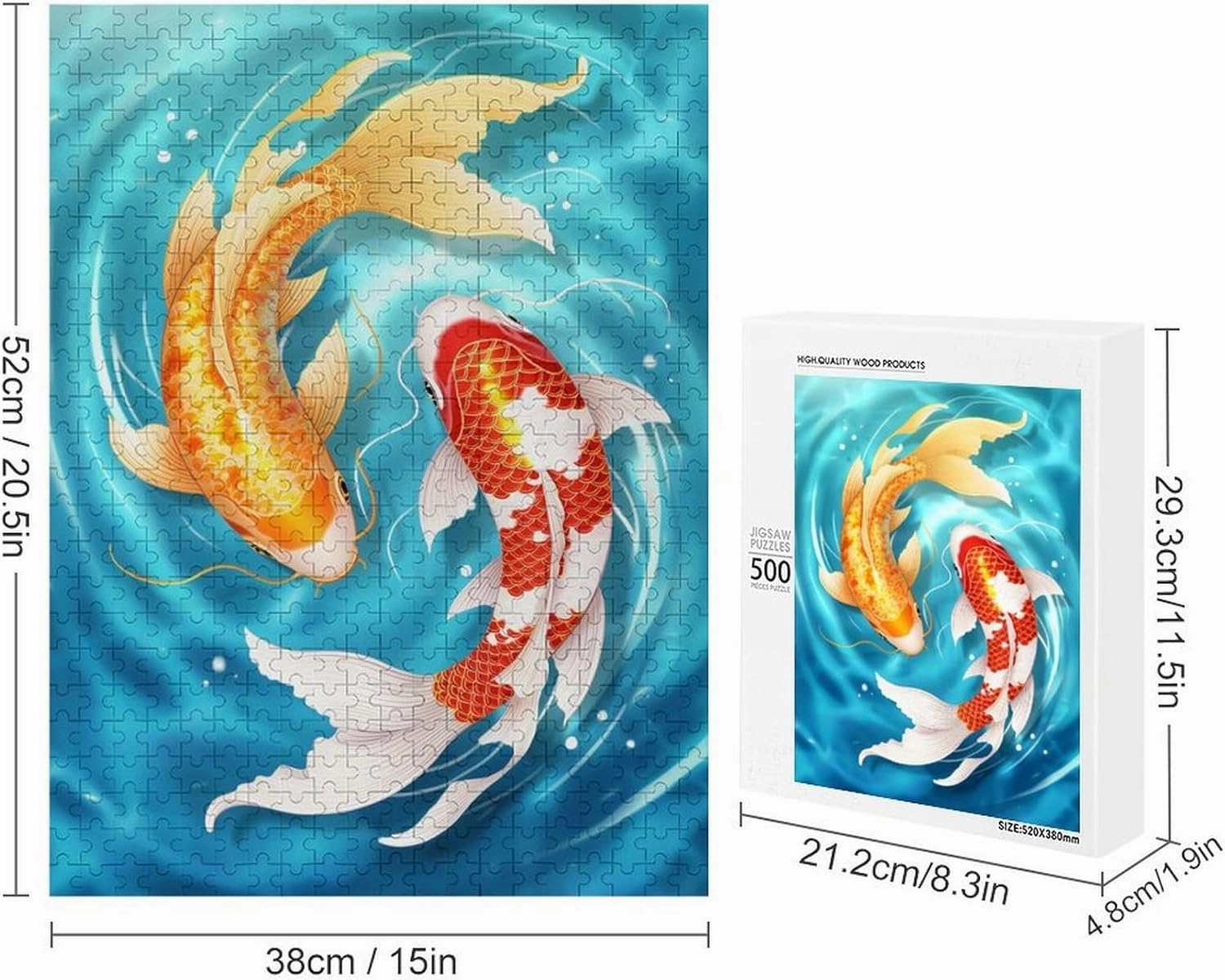 Koi Fish - 500-Piece Wooden Jigsaw Puzzles, Vibrant and Elegant Koi Fish Designs, Challenging and Detailed Puzzle for Adults & Families, Ideal Gift for Puzzle Enthusiasts