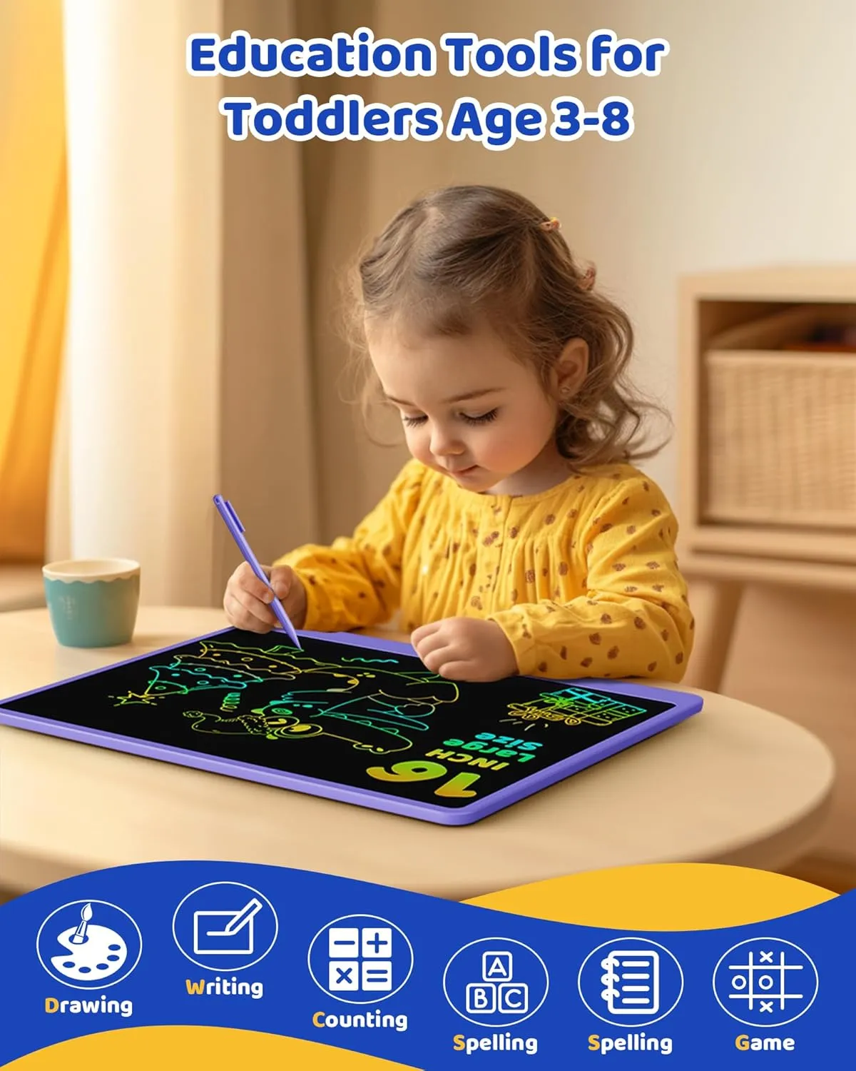 KOKODI LCD Writing Tablet for Kids 16 Inch Colorful Doodle Board, Electronic Drawing Tablet Drawing Pad for Kids, Educational and Learning Kids Toys Gifts for 3 4 5 6 7 8 Year Old Boys and Girls