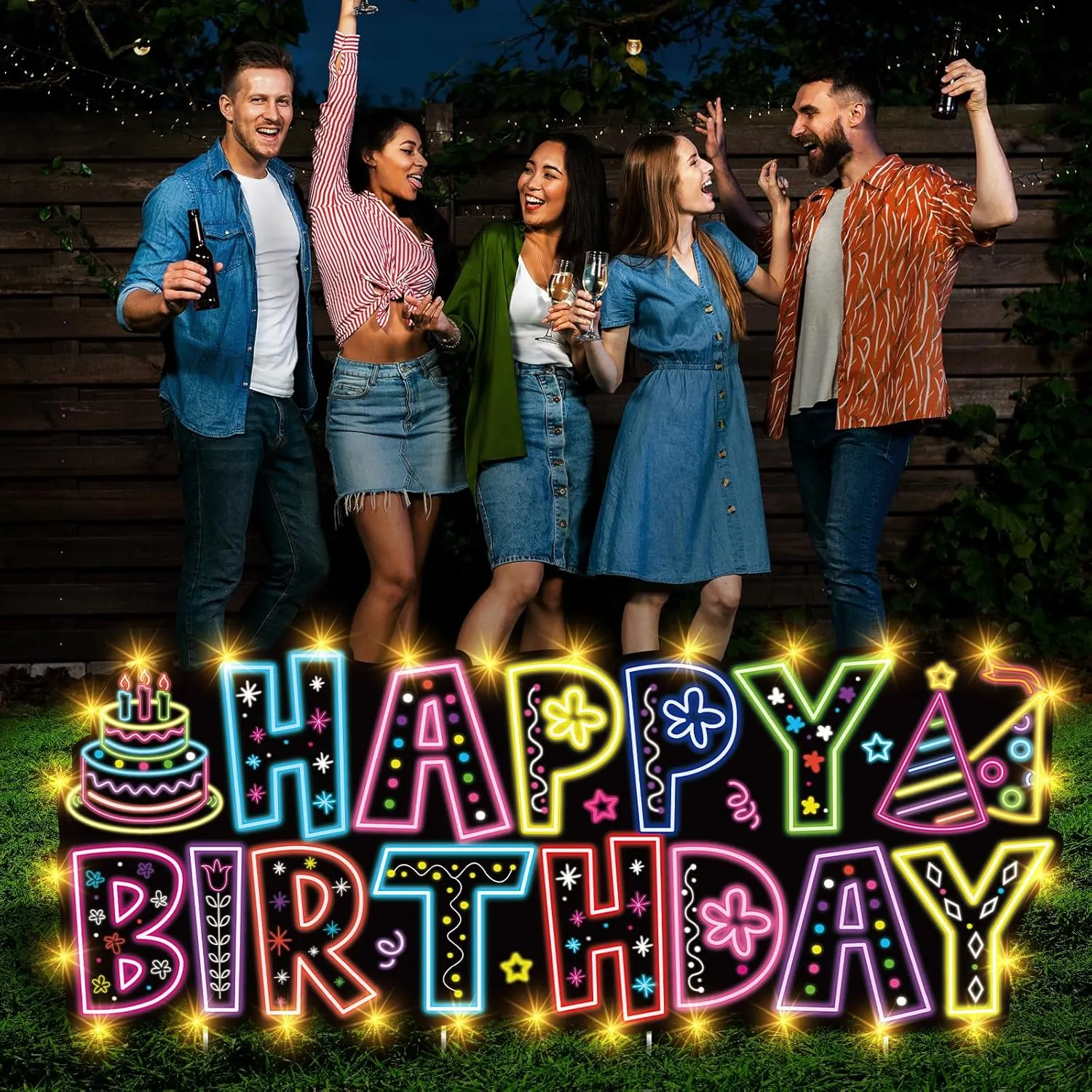 Large Happy Birthday Yard Sign with Stakes, Glow Happy Birthday Decorations Outdoor Lawn Garden Signs with LED Lights for Men Women Boys Girls Birthday Party Supplies Decor Outdoor Indoor Front Home