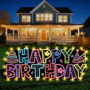 Large Happy Birthday Yard Sign with Stakes, Glow Happy Birthday Decorations Outdoor Lawn Garden Signs with LED Lights for Men Women Boys Girls Birthday Party Supplies Decor Outdoor Indoor Front Home