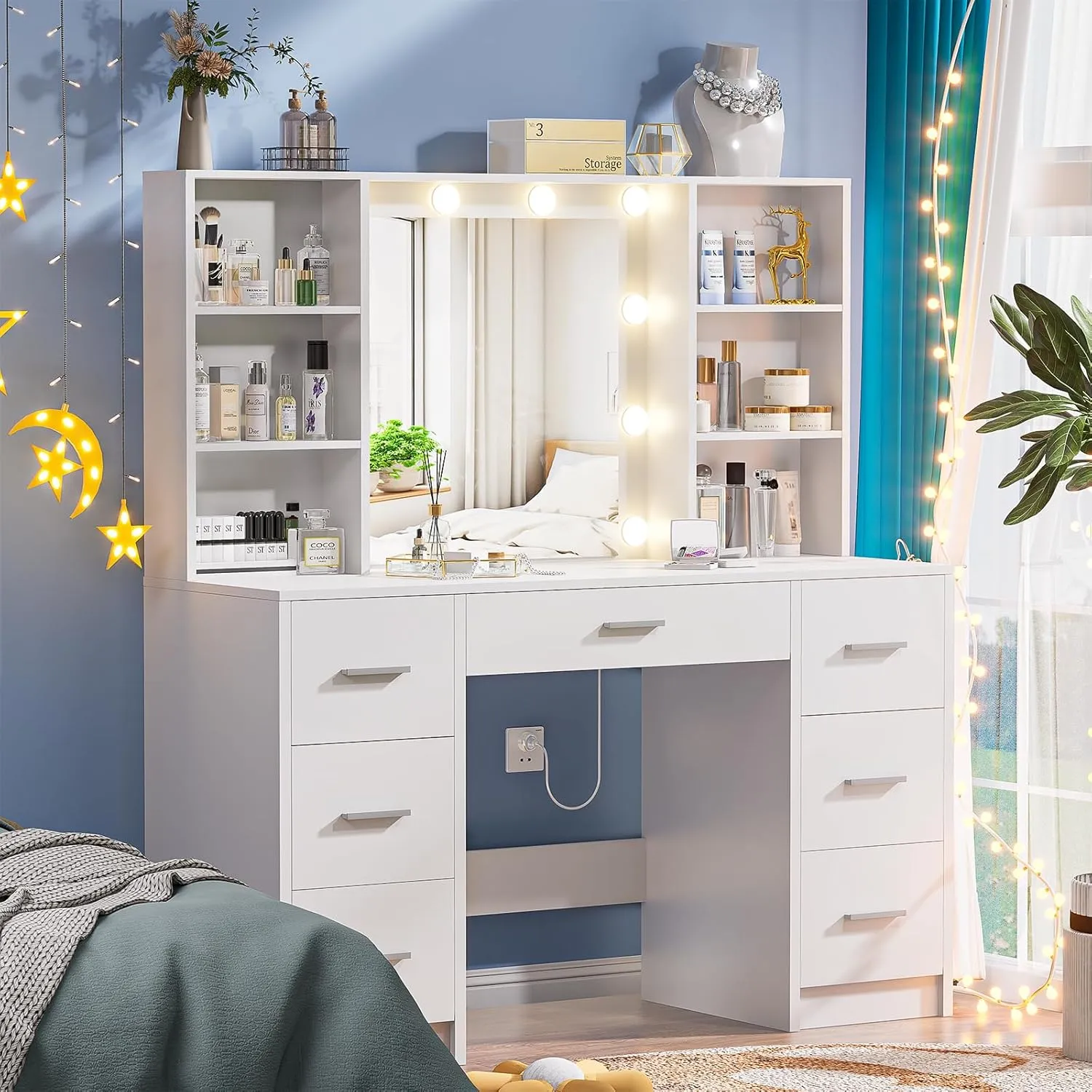 Large Vanity Desk with Mirror and 10 Lights, Makeup Vanity Table with Power Outlet, 7 Drawers and 6 Storage Shelves, Makeup Vanity Desk Dressing Table with 3 Lighting Modes for Bedroom (White)