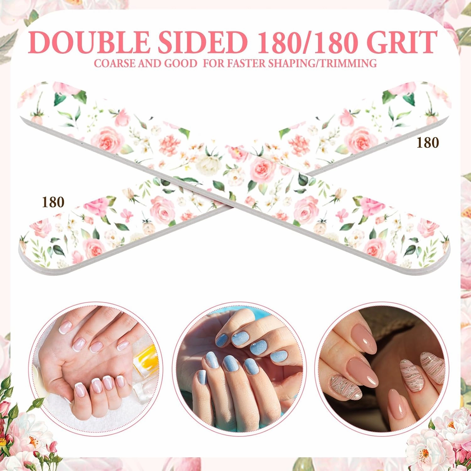 Lasnten 60 Pcs Pink Floral Nail Files Bulk for Women, Wedding Bridal Baby Shower Party Favors, Emery Board for Natural Nails Double Sided 180 Grit Manicure Tool for Employee Teachers Coworkers Gifts