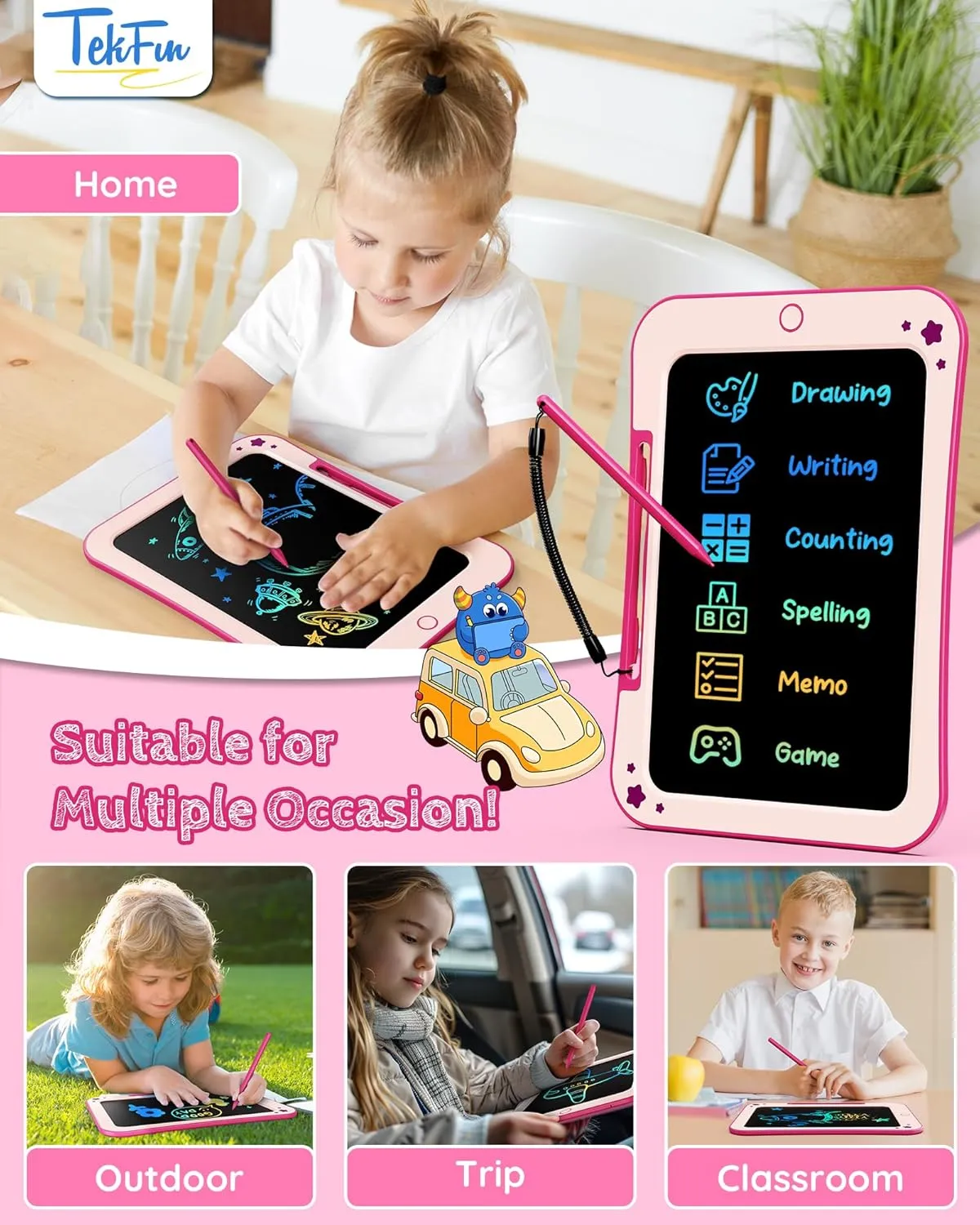 LCD Writing Tablet for Kids, 10inch Toddler Girl Toys Doodle Board, Mess Free Coloring Drawing Board, Preschool Learning Toys,Christmas Birthday Easter Gifts for 3-12 Year Old Girls(Pink)