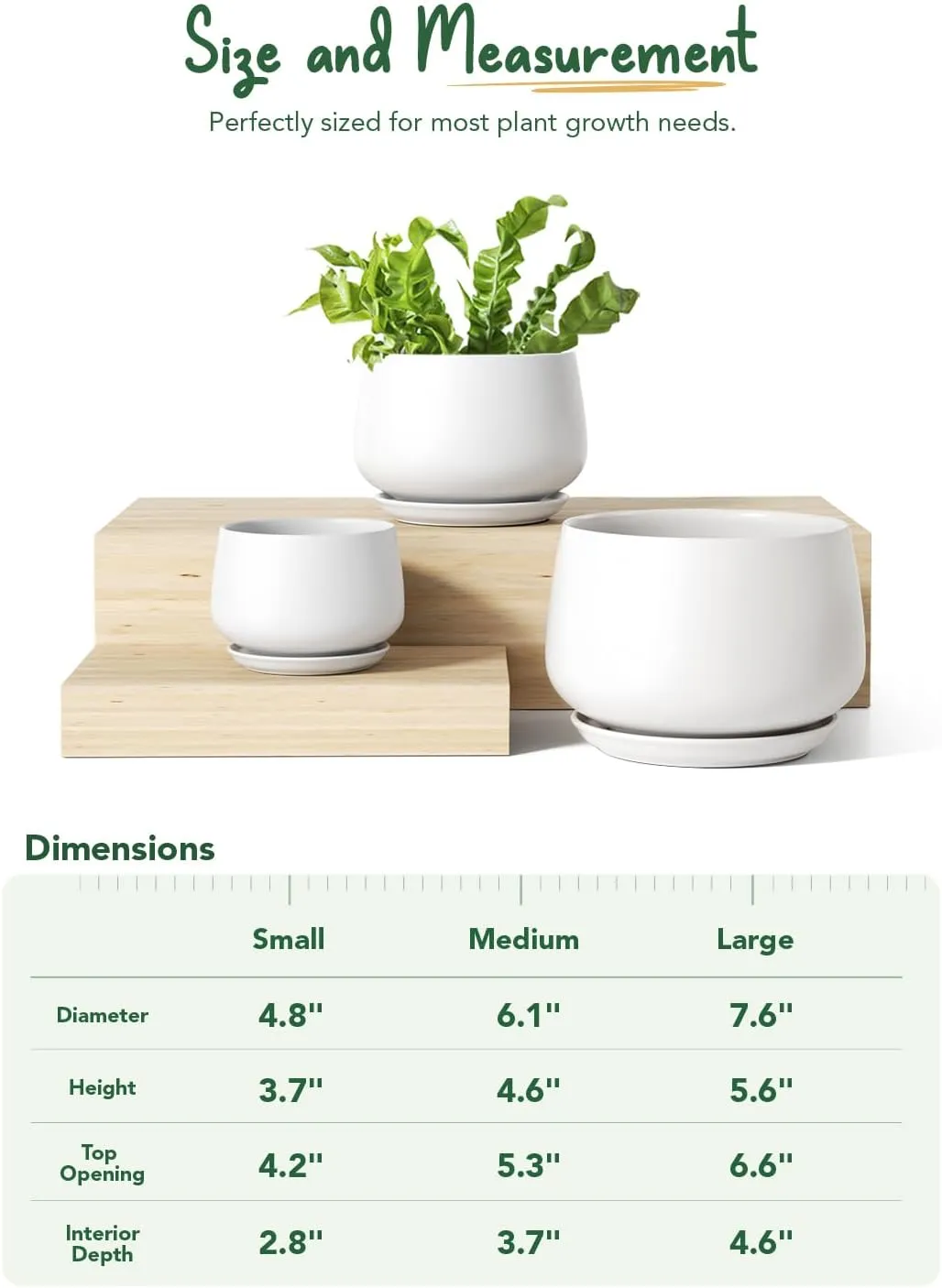 LE TAUCI Ceramic Plant Pots, 4.1 5.1 6.5 inch, Set of 3, Planters with Drainage Hole and Saucer, Indoor Flower Pot with Hole Mesh Pad, Gifts for Mom, White