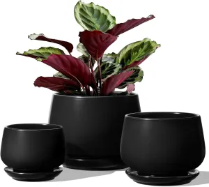 LE TAUCI Plant Pots, 4.1 5.1 6.5 inch, Set of 3, Ceramic Planters with Drainage Hole and Saucer, Indoor Flower Pot with Hole Mesh Pad, Gifts for Mom, Black