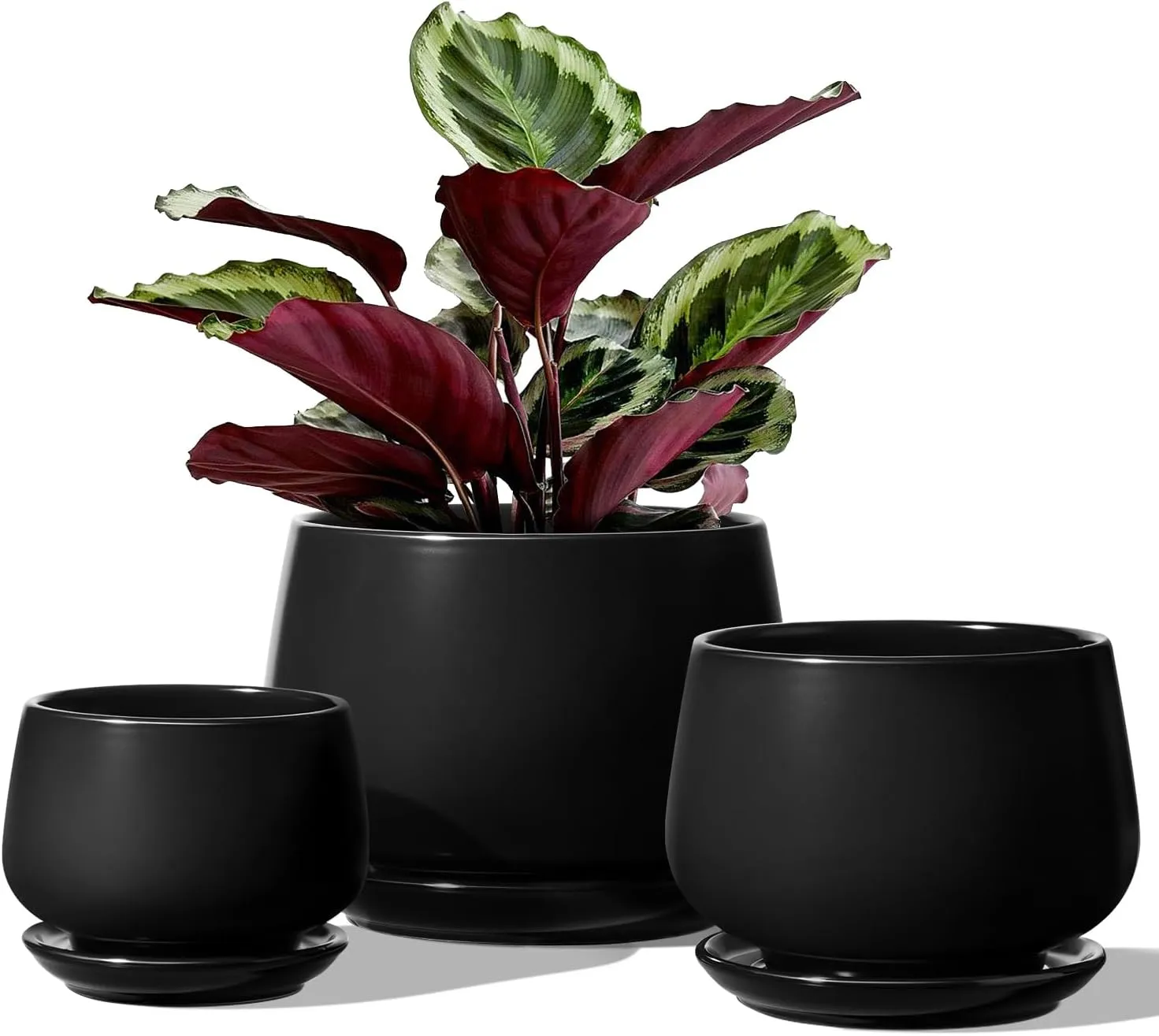 LE TAUCI Plant Pots, 4.1 5.1 6.5 inch, Set of 3, Ceramic Planters with Drainage Hole and Saucer, Indoor Flower Pot with Hole Mesh Pad, Gifts for Mom, Black