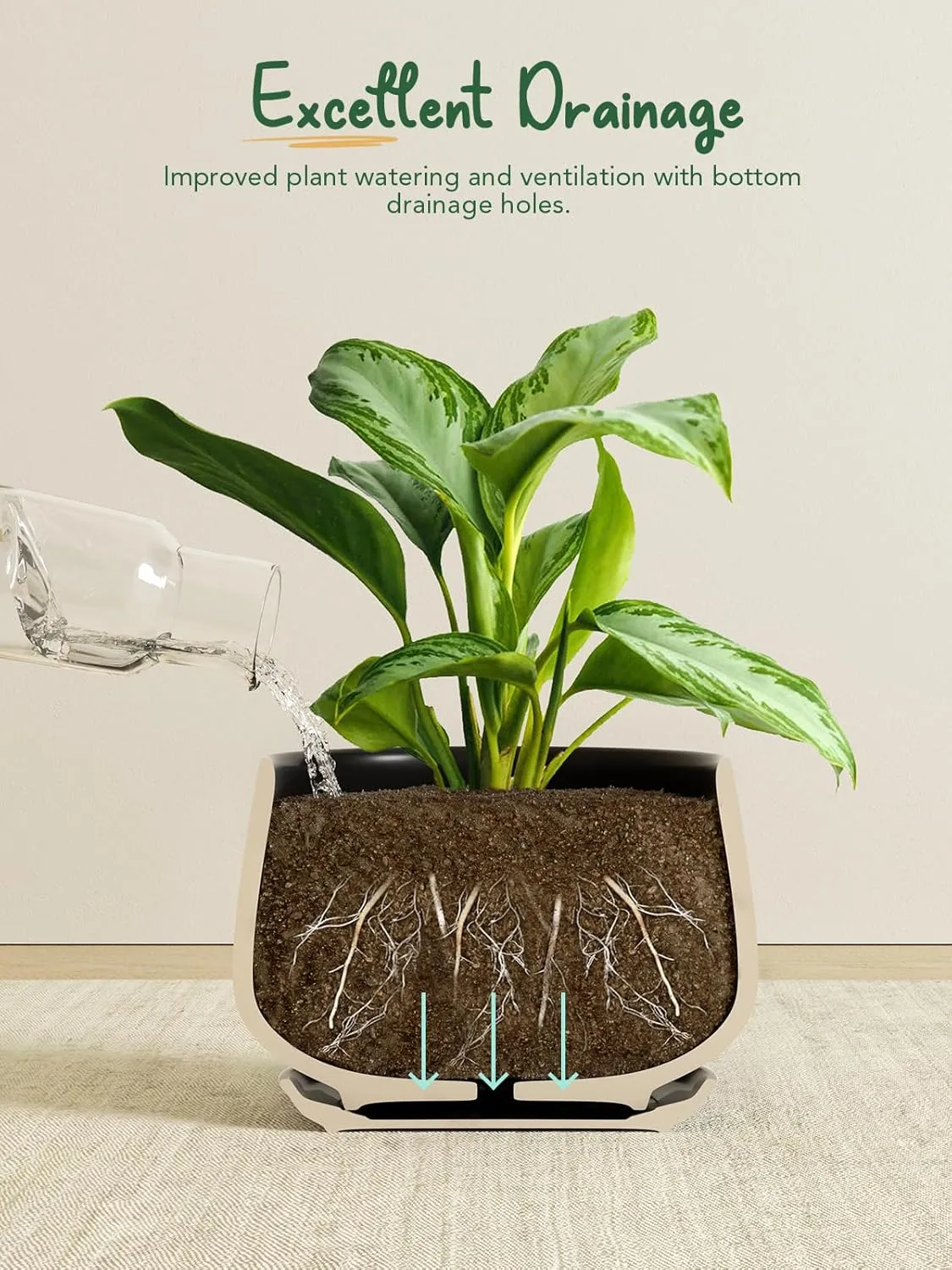 LE TAUCI Plant Pots, 4.1 5.1 6.5 inch, Set of 3, Ceramic Planters with Drainage Hole and Saucer, Indoor Flower Pot with Hole Mesh Pad, Gifts for Mom, Black