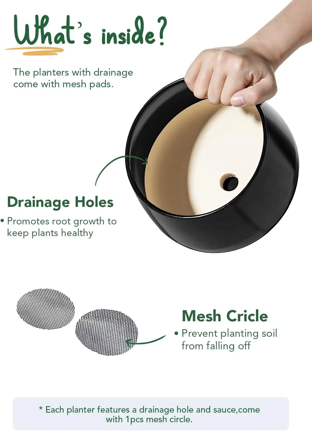LE TAUCI Plant Pots, 4.1 5.1 6.5 inch, Set of 3, Ceramic Planters with Drainage Hole and Saucer, Indoor Flower Pot with Hole Mesh Pad, Gifts for Mom, Black
