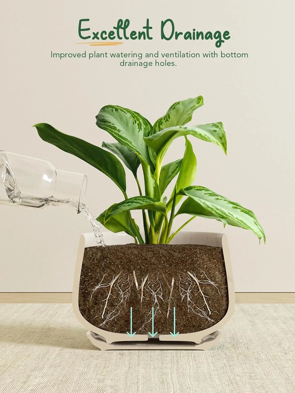 LE TAUCI Plant Pots, 4.1 5.1 6.5 inch, Set of 3, Ceramic Planters with Drainage Hole and Saucer, Indoor Flower Pot with Hole Mesh Pad, Gifts for Mom, Reactive Glaze Beige