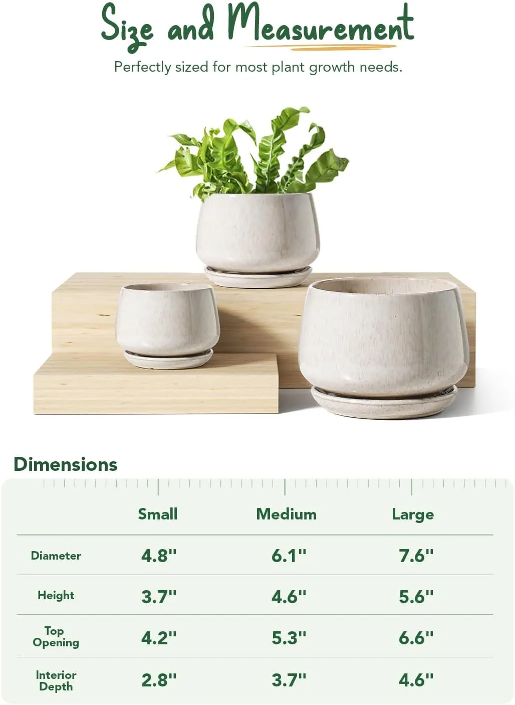 LE TAUCI Plant Pots, 4.1 5.1 6.5 inch, Set of 3, Ceramic Planters with Drainage Hole and Saucer, Indoor Flower Pot with Hole Mesh Pad, Gifts for Mom, Reactive Glaze Beige