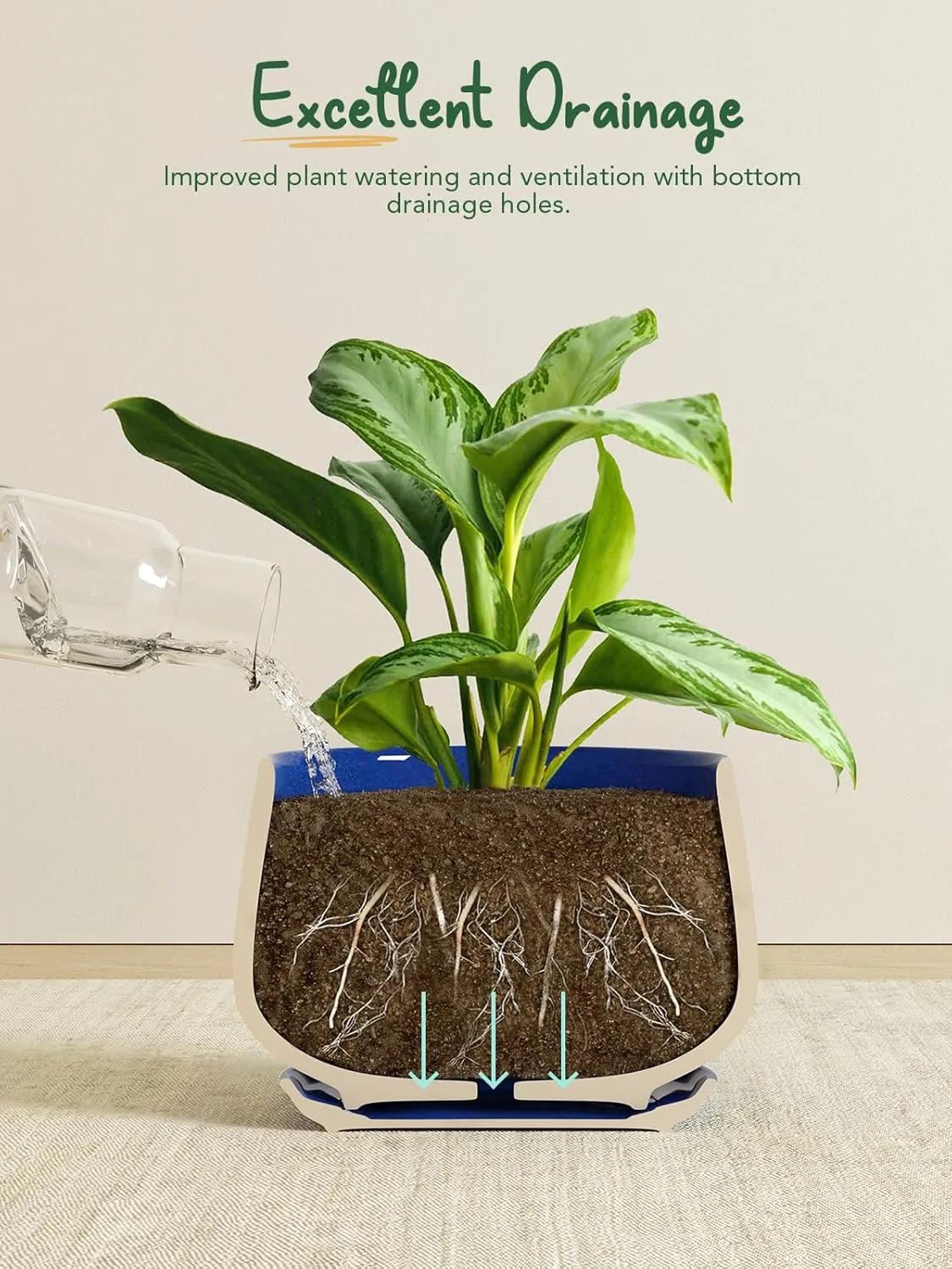 LE TAUCI Plant Pots, 4.1 5.1 6.5 inch, Set of 3, Ceramic Planters with Drainage Hole and Saucer, Indoor Flower Pot with Hole Mesh Pad, Gifts for Mom, Sapphire Blue