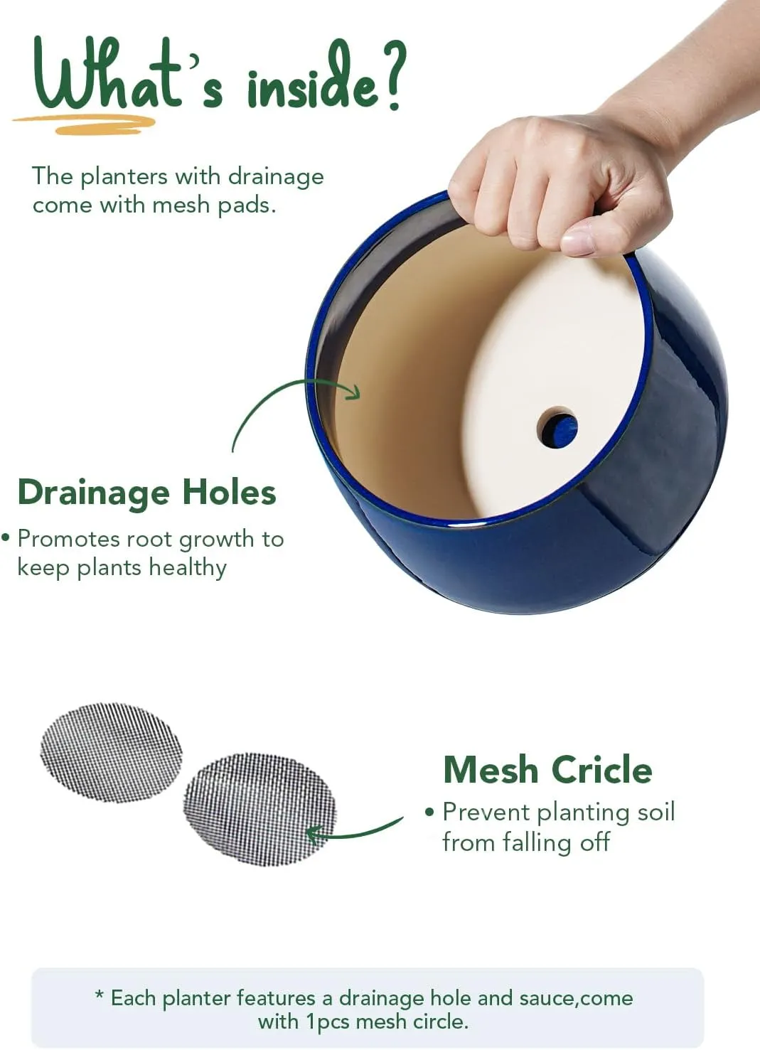 LE TAUCI Plant Pots, 4.1 5.1 6.5 inch, Set of 3, Ceramic Planters with Drainage Hole and Saucer, Indoor Flower Pot with Hole Mesh Pad, Gifts for Mom, Sapphire Blue