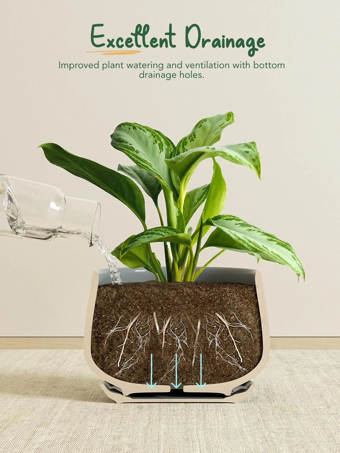 LE TAUCI Plant Pots for Indoor Plants, 4.1 5.1 6.5 inch, Set of 3, Ceramic Planters with Drainage Hole and Saucer, Indoor Flower Pot with Hole Mesh Pad, Gifts for Mom, Reactive Glaze Blue Gray