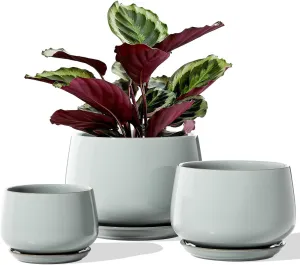 LE TAUCI Plant Pots for Indoor Plants, 4.1 5.1 6.5 inch, Set of 3, Ceramic Planters with Drainage Hole and Saucer, Indoor Flower Pot with Hole Mesh Pad, Gifts for Mom, Reactive Glaze Blue Gray