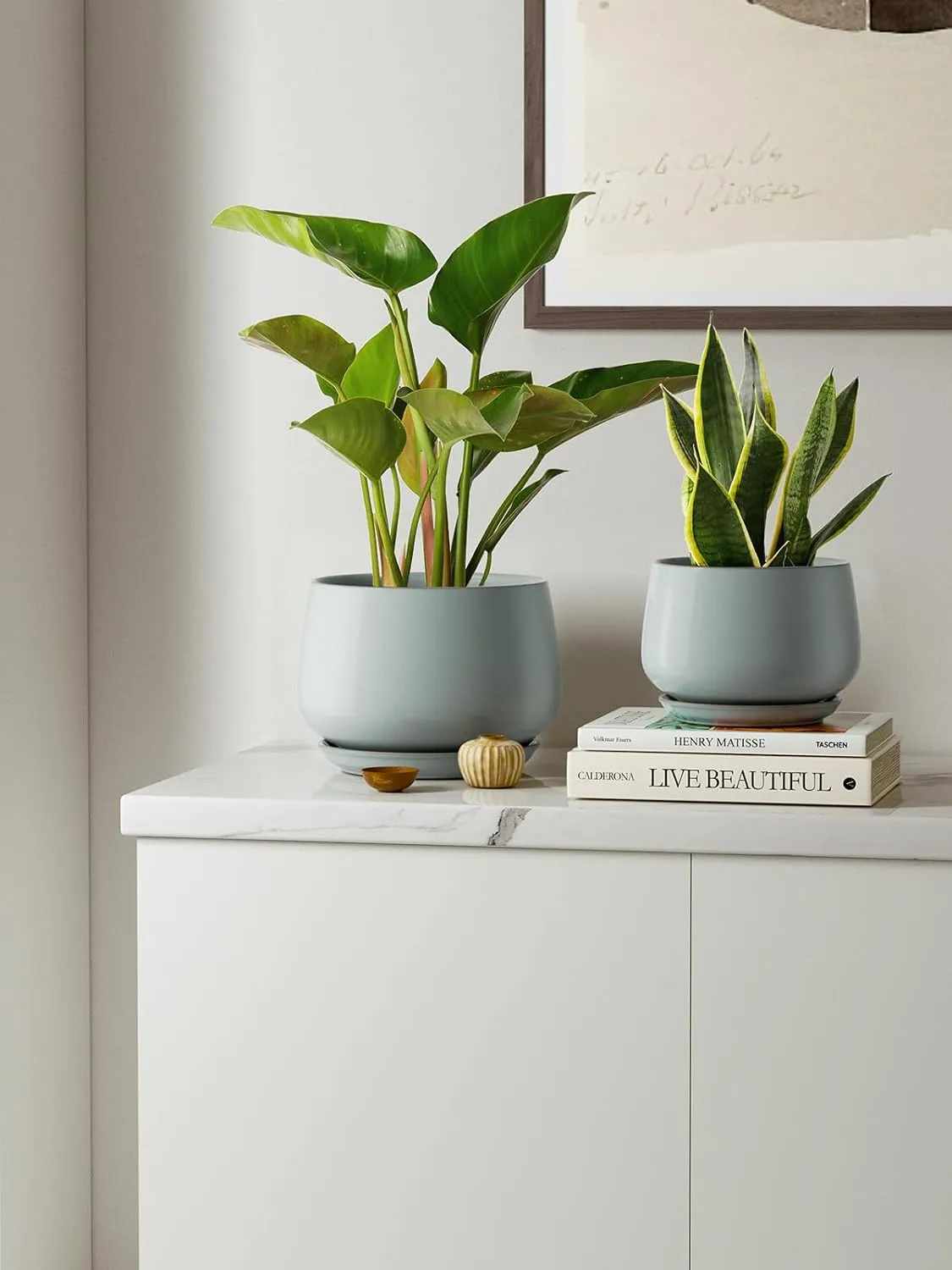 LE TAUCI Plant Pots for Indoor Plants, 4.1 5.1 6.5 inch, Set of 3, Ceramic Planters with Drainage Hole and Saucer, Indoor Flower Pot with Hole Mesh Pad, Gifts for Mom, Reactive Glaze Blue Gray
