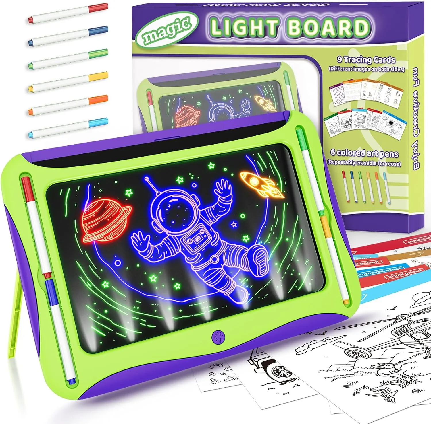 LED Drawing Board for Kids, Magic Toys for Boys Glow in The Dark, Light Up Tracing Pad with 9 Dual-Sided Card, 6 Marker,Doodle Writing Tablet Boy Learning Toy, Art and Craft Kit Easter Birthday Gift