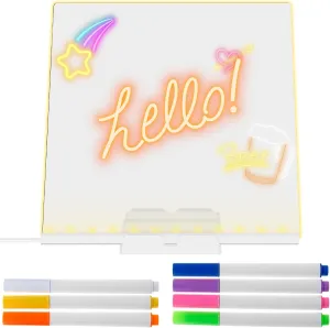 LED Note Board with Colors, Upgraded LED Illuminated Drawing Board for Kids, Light up Acrylic Message Board, LED Writing Board with Adjustable Stand and 7 Pens for Office School Home (7.9 * 7.9'')