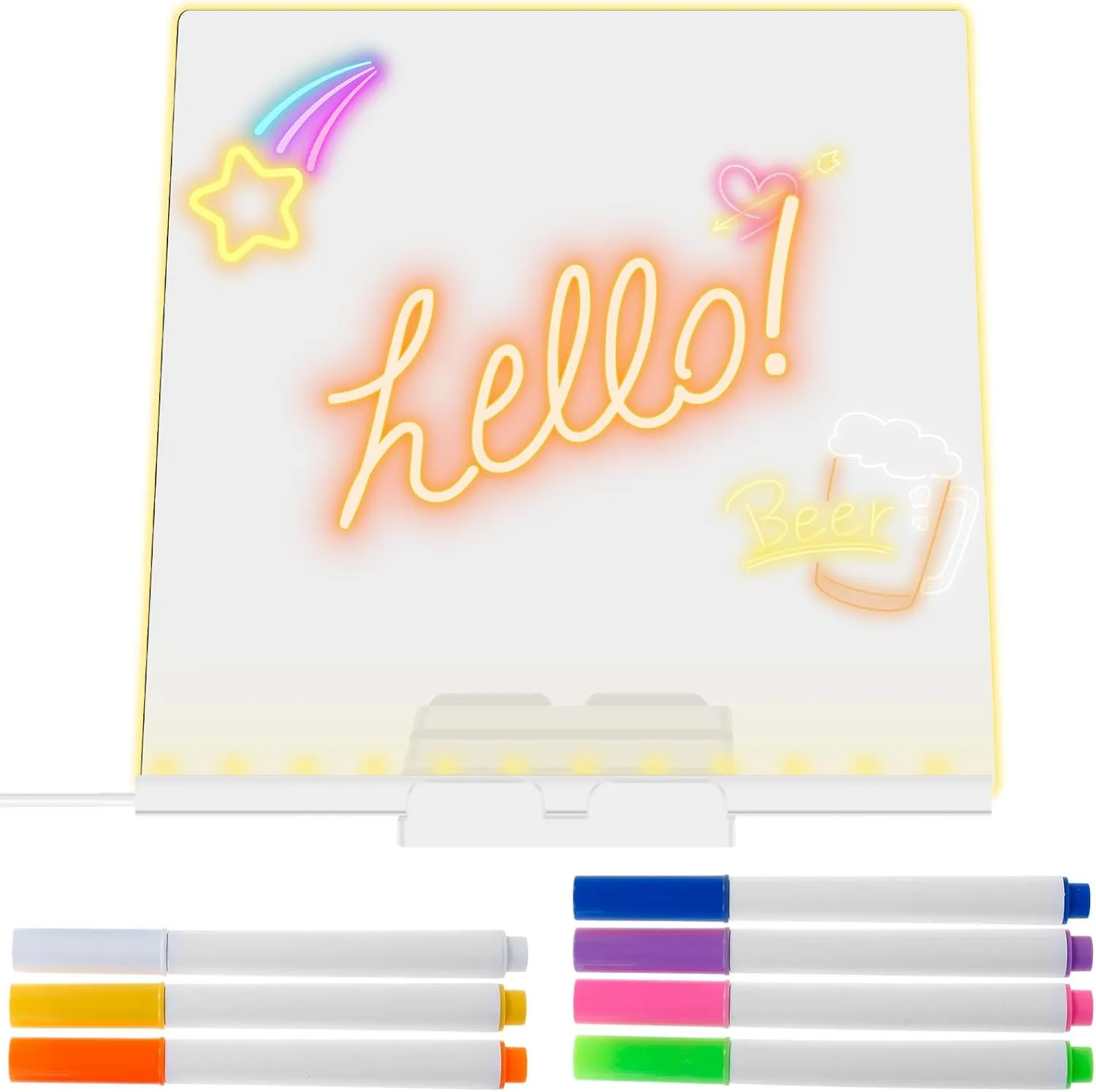 LED Note Board with Colors, Upgraded LED Illuminated Drawing Board for Kids, Light up Acrylic Message Board, LED Writing Board with Adjustable Stand and 7 Pens for Office School Home (7.9 * 7.9'')