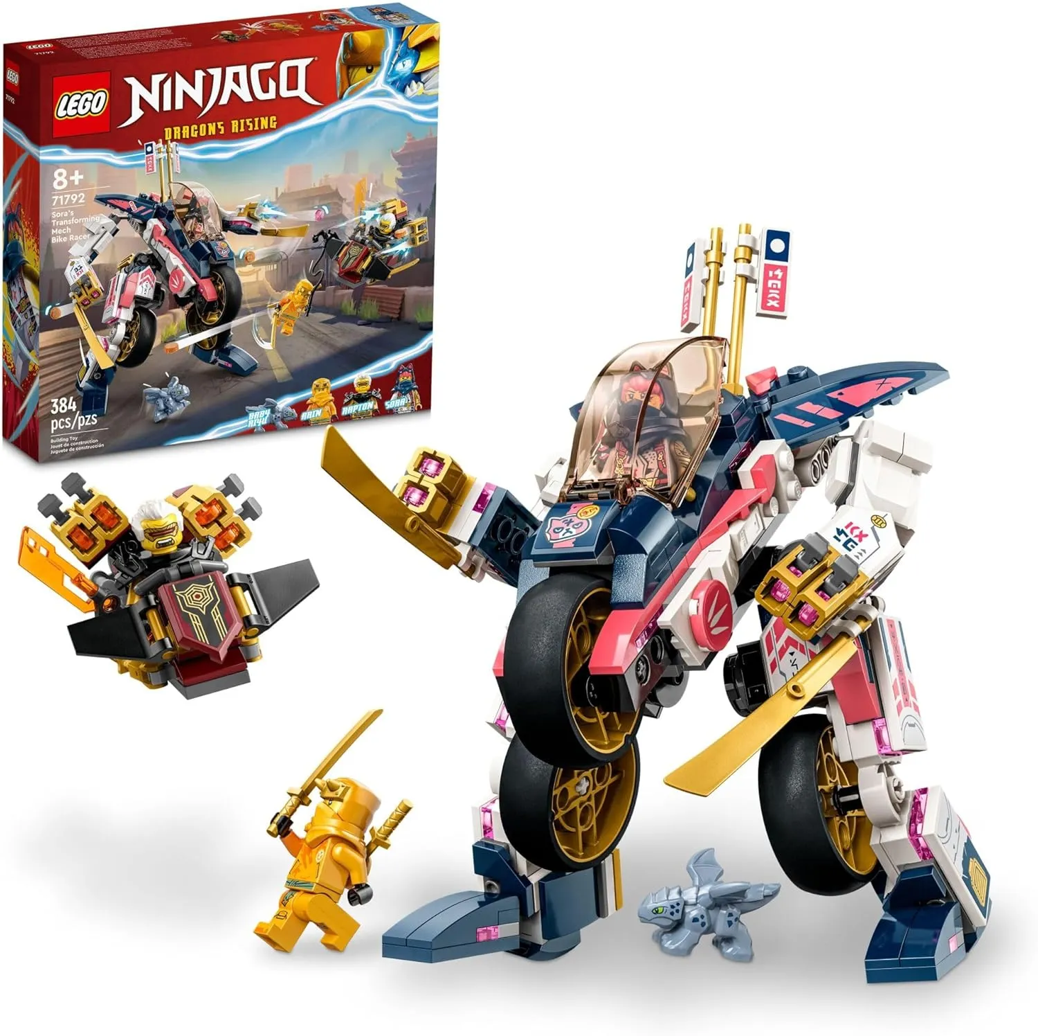 LEGO NINJAGO Sora’s Transforming Mech Bike Racer Building Toys for Kids, Featuring a Mech Ninja Bike Racer, a Baby Dragon and 3 Minifigures, Gift for Kids Aged 8 , 71792