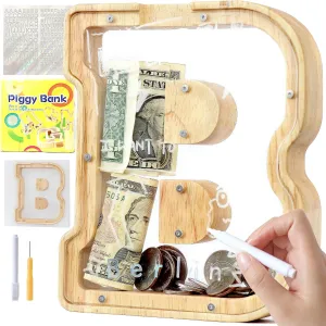 Letter Piggy Bank for Kids Boys Girls Wooden Personalized Piggy Banks A-Z Double Clear Alphabet Banknote Coin Banks for Gift Decoration Baptism(B)