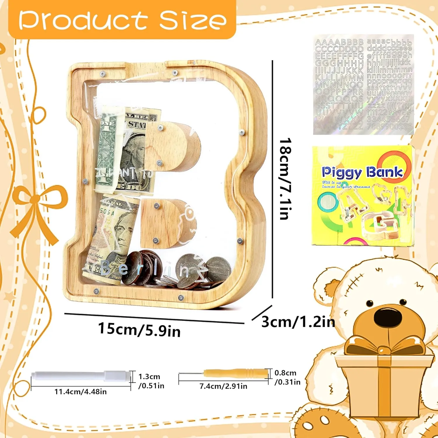 Letter Piggy Bank for Kids Boys Girls Wooden Personalized Piggy Banks A-Z Double Clear Alphabet Banknote Coin Banks for Gift Decoration Baptism(B)