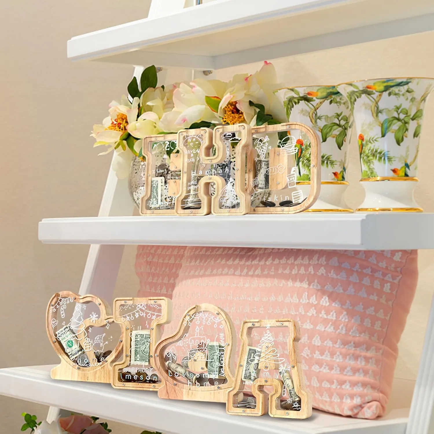 Letter Piggy Bank for Kids Boys Girls Wooden Personalized Piggy Banks A-Z Double Clear Alphabet Banknote Coin Banks for Gift Decoration Baptism(B)