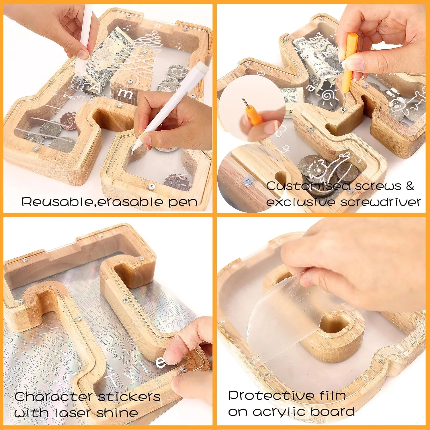 Letter Piggy Bank for Kids Boys Girls Wooden Personalized Piggy Banks A-Z Double Clear Alphabet Banknote Coin Banks for Gift Decoration Baptism(B)