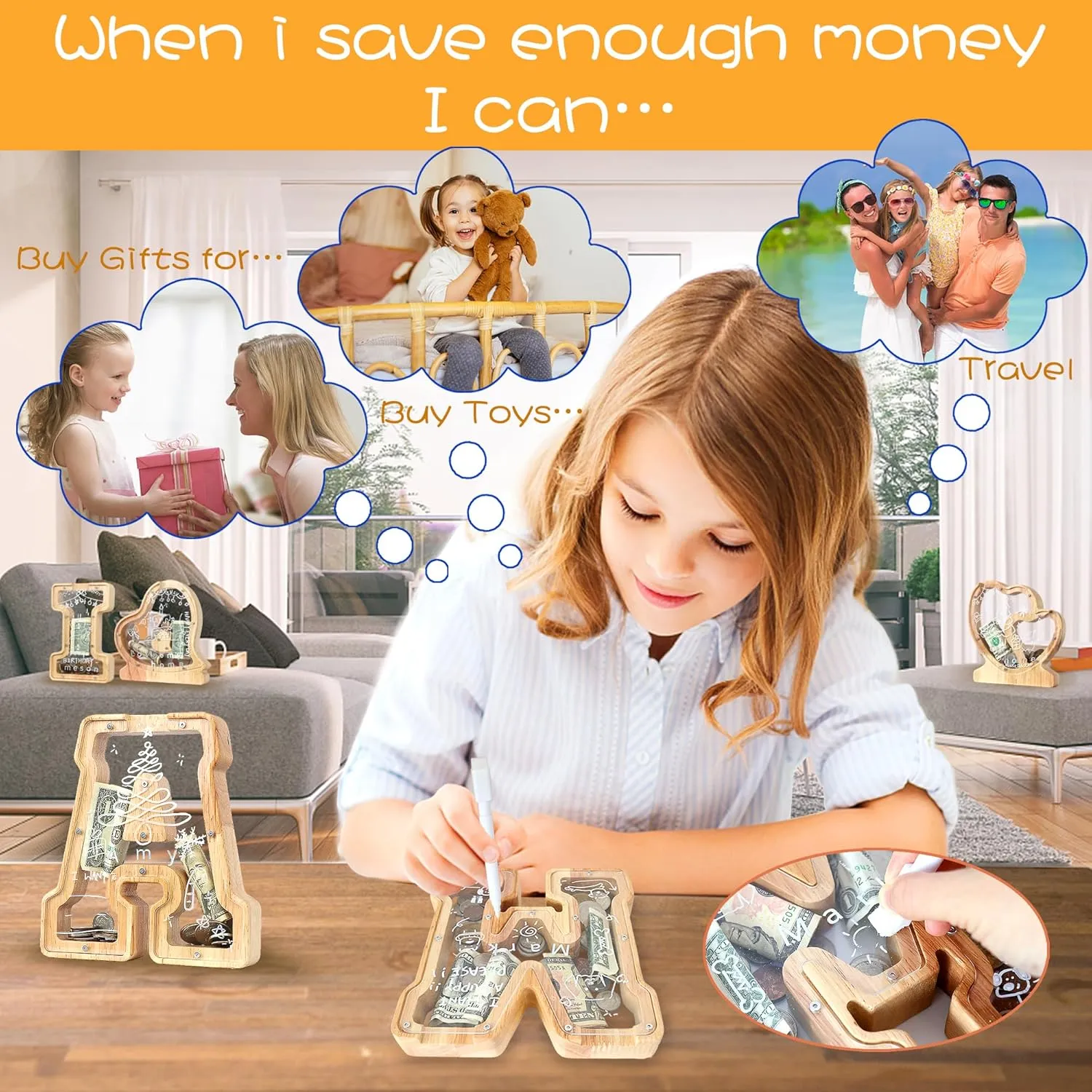 Letter Piggy Bank for Kids Boys Girls Wooden Personalized Piggy Banks A-Z Double Clear Alphabet Banknote Coin Banks for Gift Decoration Baptism(B)