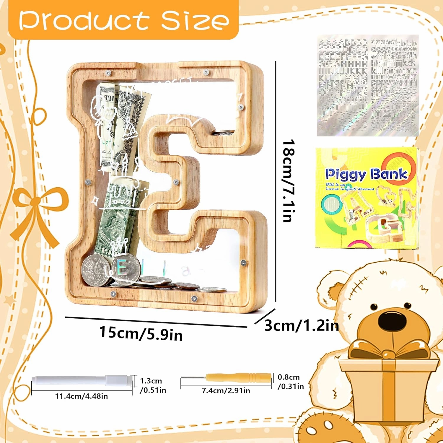 Letter Piggy Bank for Kids Boys Girls Wooden Personalized Piggy Banks A-Z Double Clear Alphabet Banknote Coin Banks for Gift Decoration Baptism(E)