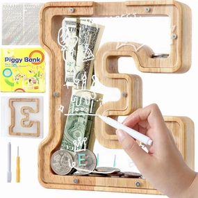 Letter Piggy Bank for Kids Boys Girls Wooden Personalized Piggy Banks A-Z Double Clear Alphabet Banknote Coin Banks for Gift Decoration Baptism(E)