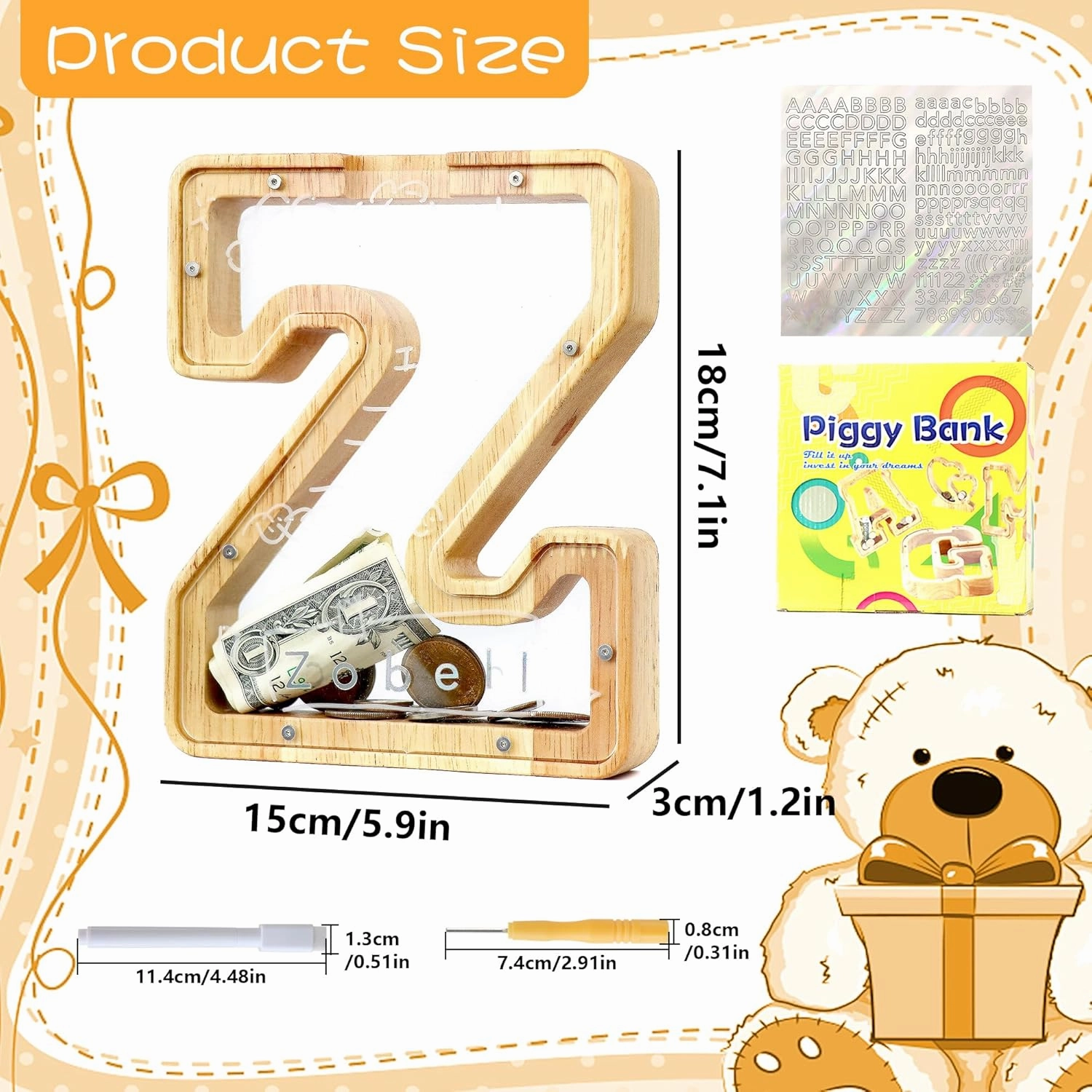 Letter Piggy Bank for Kids Boys Girls Wooden Personalized Piggy Banks A-Z Double Clear Alphabet Banknote Coin Banks for Gift Decoration Baptism(Z)