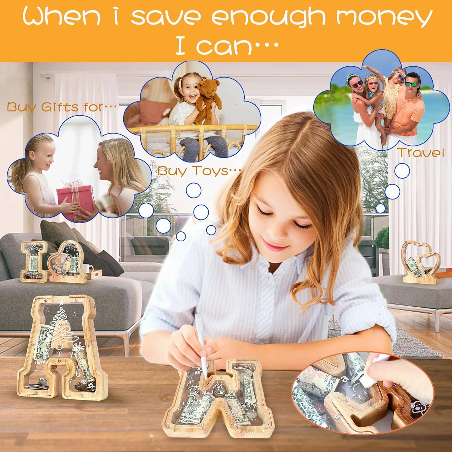 Letter Piggy Bank for Kids Boys Girls Wooden Personalized Piggy Banks A-Z Double Clear Alphabet Banknote Coin Banks for Gift Decoration Baptism(Z)