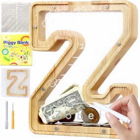 Letter Piggy Bank for Kids Boys Girls Wooden Personalized Piggy Banks A-Z Double Clear Alphabet Banknote Coin Banks for Gift Decoration Baptism(Z)