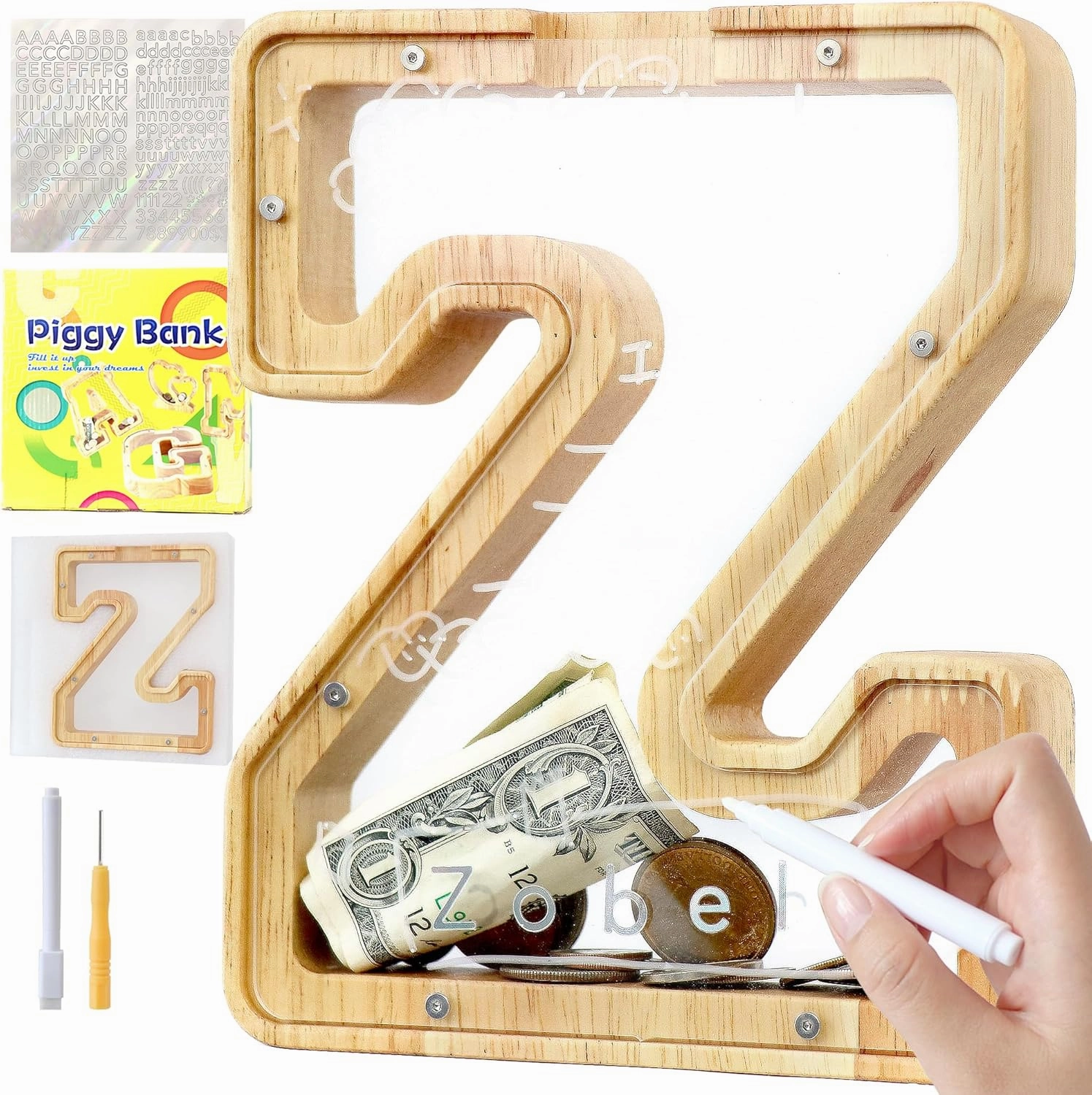 Letter Piggy Bank for Kids Boys Girls Wooden Personalized Piggy Banks A-Z Double Clear Alphabet Banknote Coin Banks for Gift Decoration Baptism(Z)