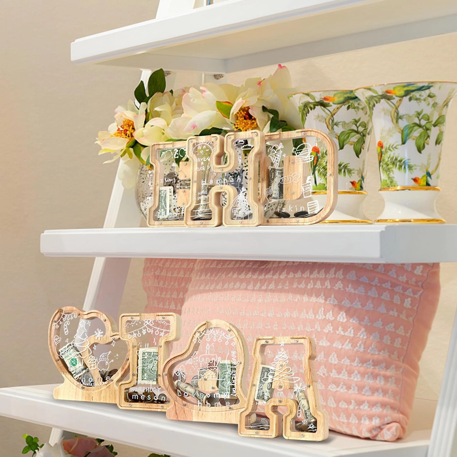 Letter Piggy Bank for Kids Boys Girls Wooden Personalized Piggy Banks A-Z Double Clear Alphabet Banknote Coin Banks for Gift Decoration Baptism(Z)