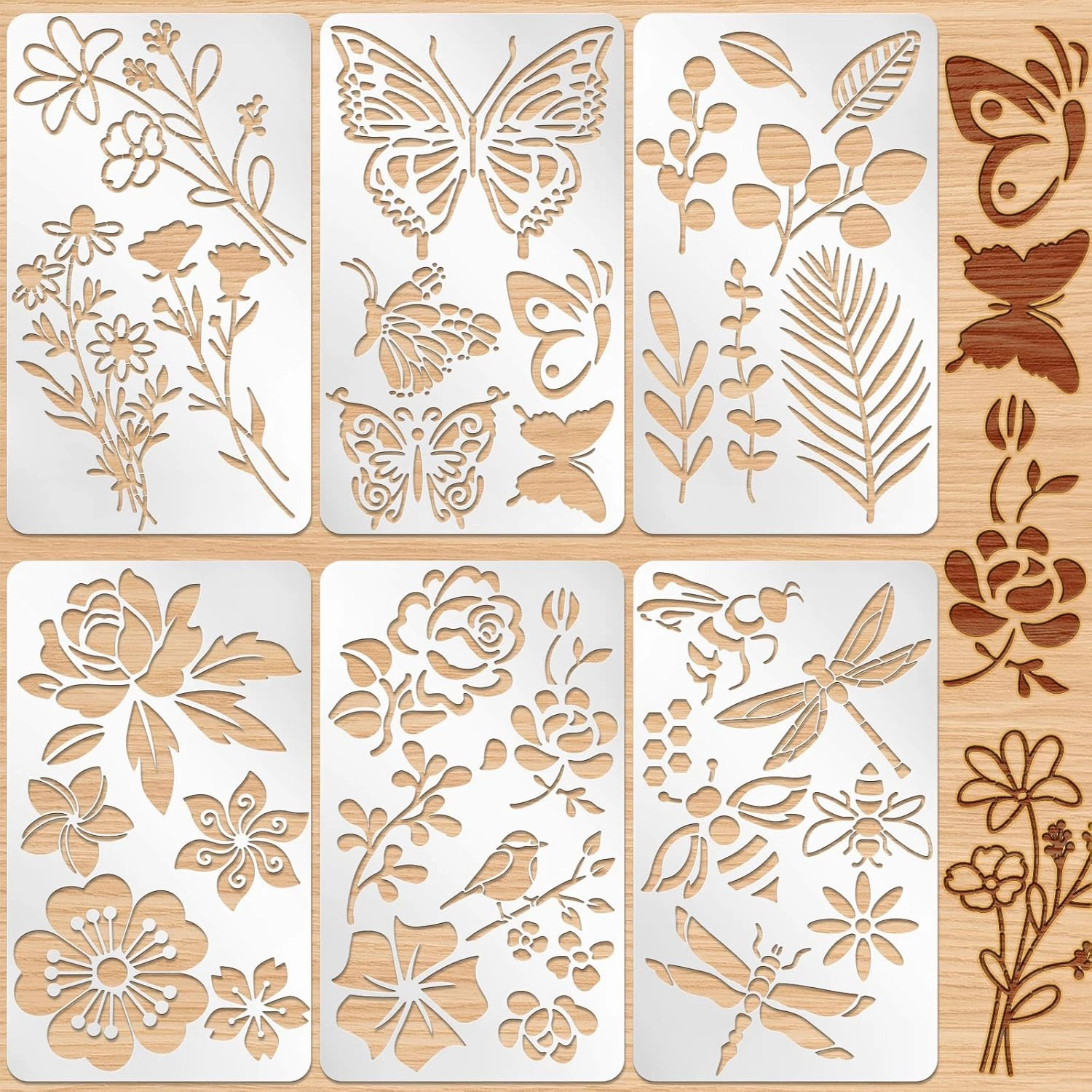 Lewtemi 6 Pcs Mixed Metal Stencil Wood Stencil Templates Stencils for Journaling Burning Stencils for Wood Carving Drawing Engraving Scrapbooking Journal Craft DIY(Plant Style)