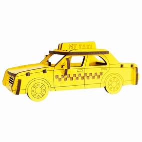 Little & Wood: Woodlet: Medium - Taxi - Yelllow, 3D Wooden Kit-Set, City Vehicle Puzzle, Easy Assembly, Pop Build Fun, Sustainably Sourced, Ages 6 