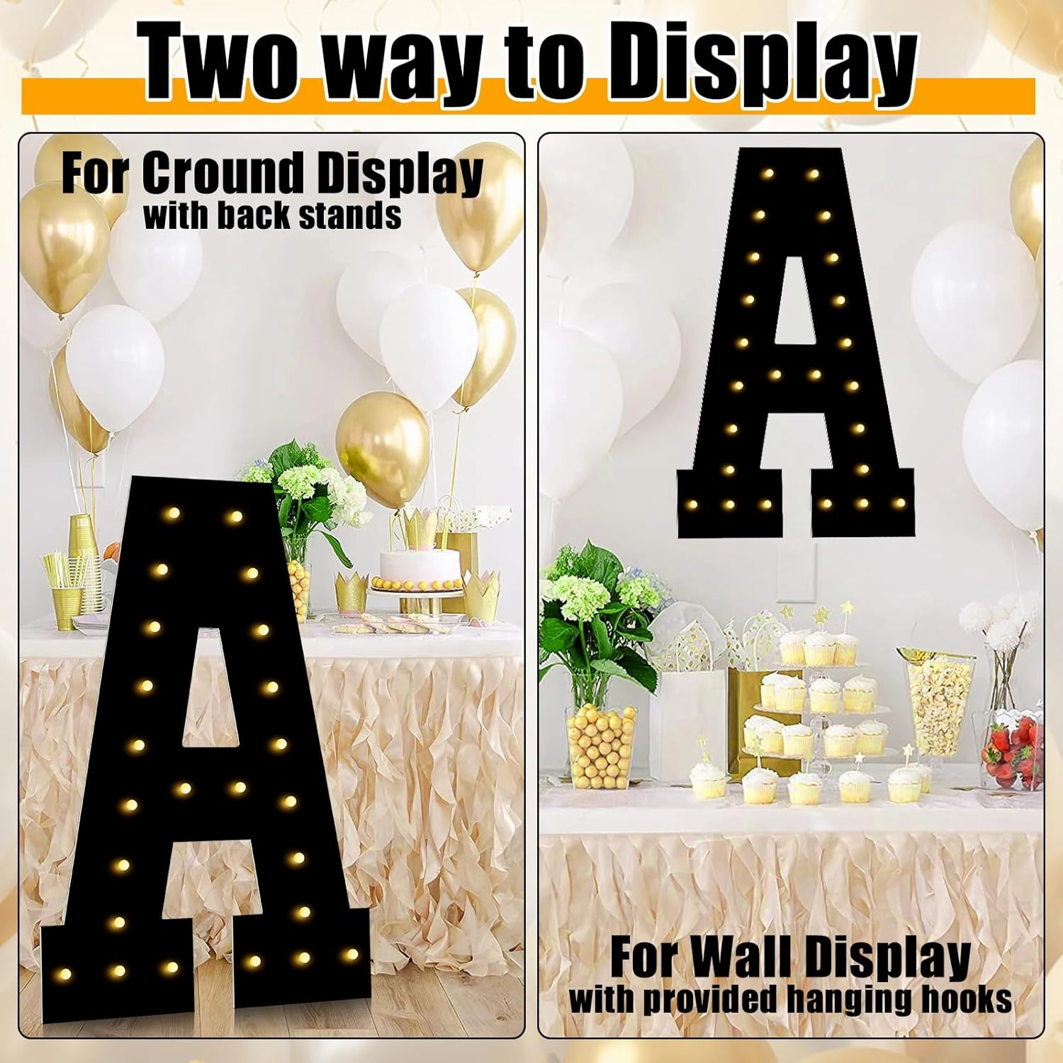 LOBOOM 3FT Marquee Letters Light Up Letters, Black Giant Marquee Letter Mosaic Letter for Birthday Wedding Backdrop Large Letters for Grad Party Baby Shower Decoration, Pre-Cut Foam Frame Letter A