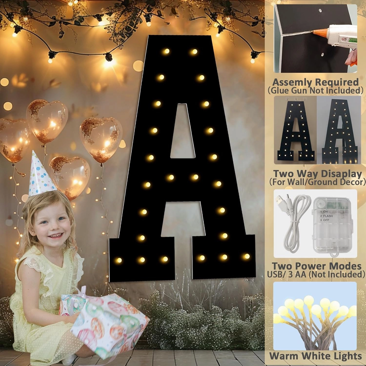 LOBOOM 3FT Marquee Letters Light Up Letters, Black Giant Marquee Letter Mosaic Letter for Birthday Wedding Backdrop Large Letters for Grad Party Baby Shower Decoration, Pre-Cut Foam Frame Letter A