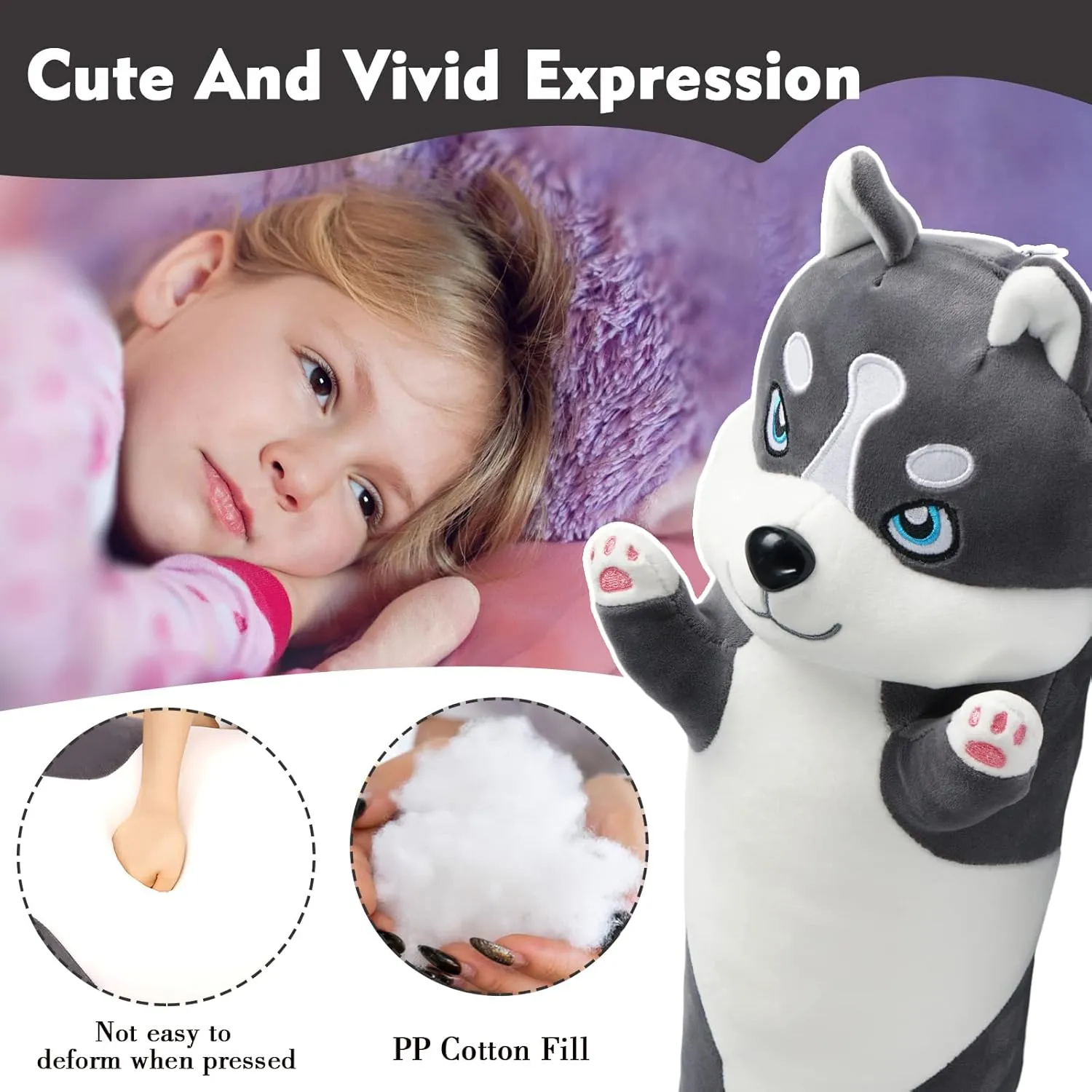 Long Husky Plush Pillow, 43.3in Cute Dog Plushie Stuffed Animals Body Pillow, Kawaii Husky Soft Plushie Doll Toy Birthday Gift for Kids Girlfriend