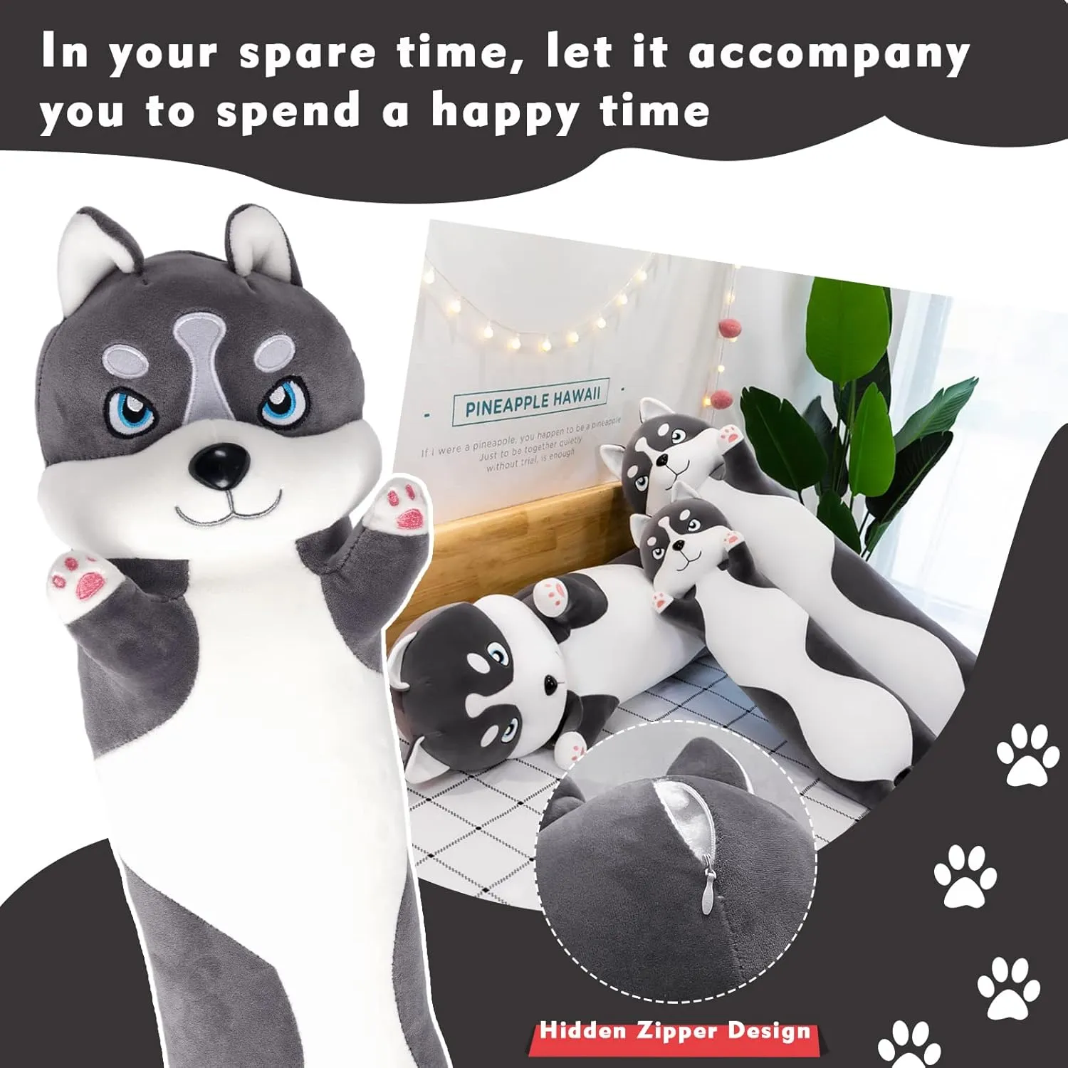 Long Husky Plush Pillow, 43.3in Cute Dog Plushie Stuffed Animals Body Pillow, Kawaii Husky Soft Plushie Doll Toy Birthday Gift for Kids Girlfriend