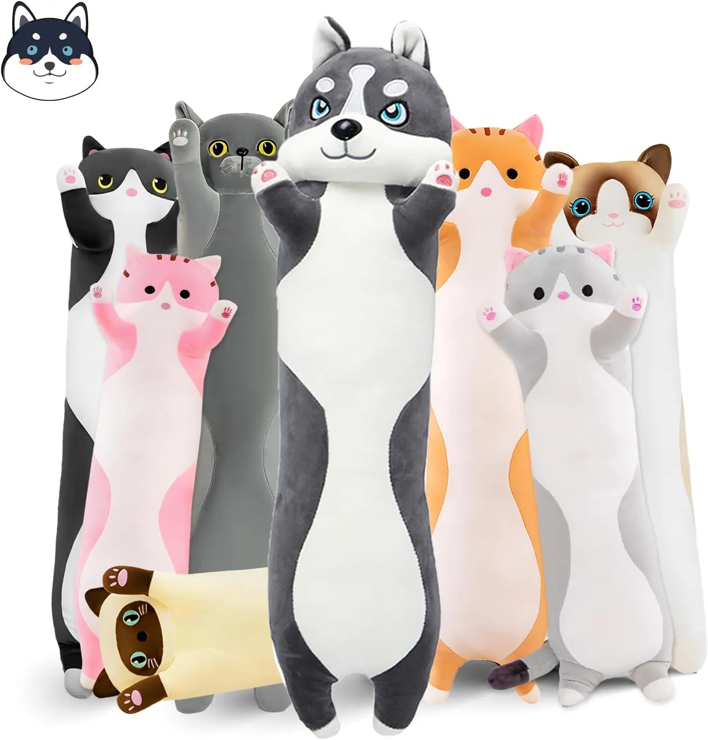Long Husky Plush Pillow, 43.3in Cute Dog Plushie Stuffed Animals Body Pillow, Kawaii Husky Soft Plushie Doll Toy Birthday Gift for Kids Girlfriend