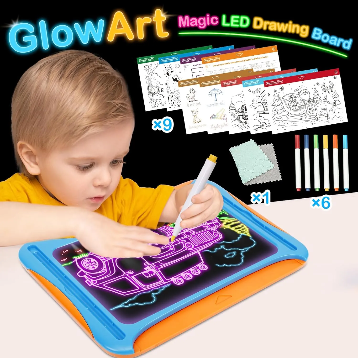 Magic LED Drawing Board for Kids, Toys for Boys Ages 5-7, Light Up Tracing Pad with 9 Double-Sided Cards, 6 Washable Pens, Glow Up Toys for Kids 4-6 Year Old Christmas Birthday Gifts
