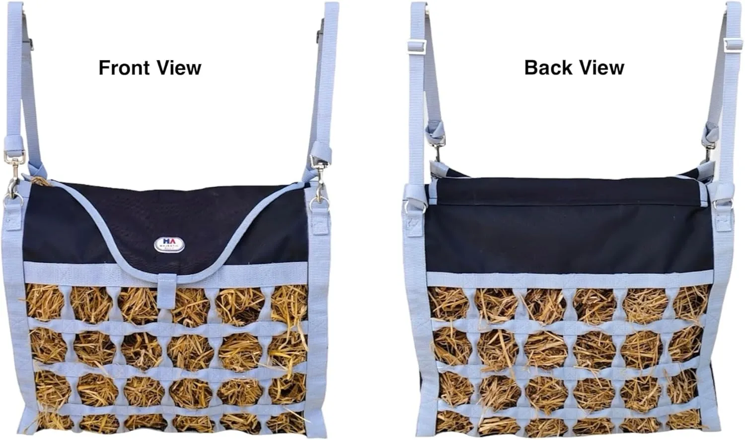 Majestic Ally Animal Health Hay Bag for Horses, 2.5" Holes, Top Load, Travel Feeder, Reduces Waste, 1 Year Warranty, Multiple Colors (Gray-Black)