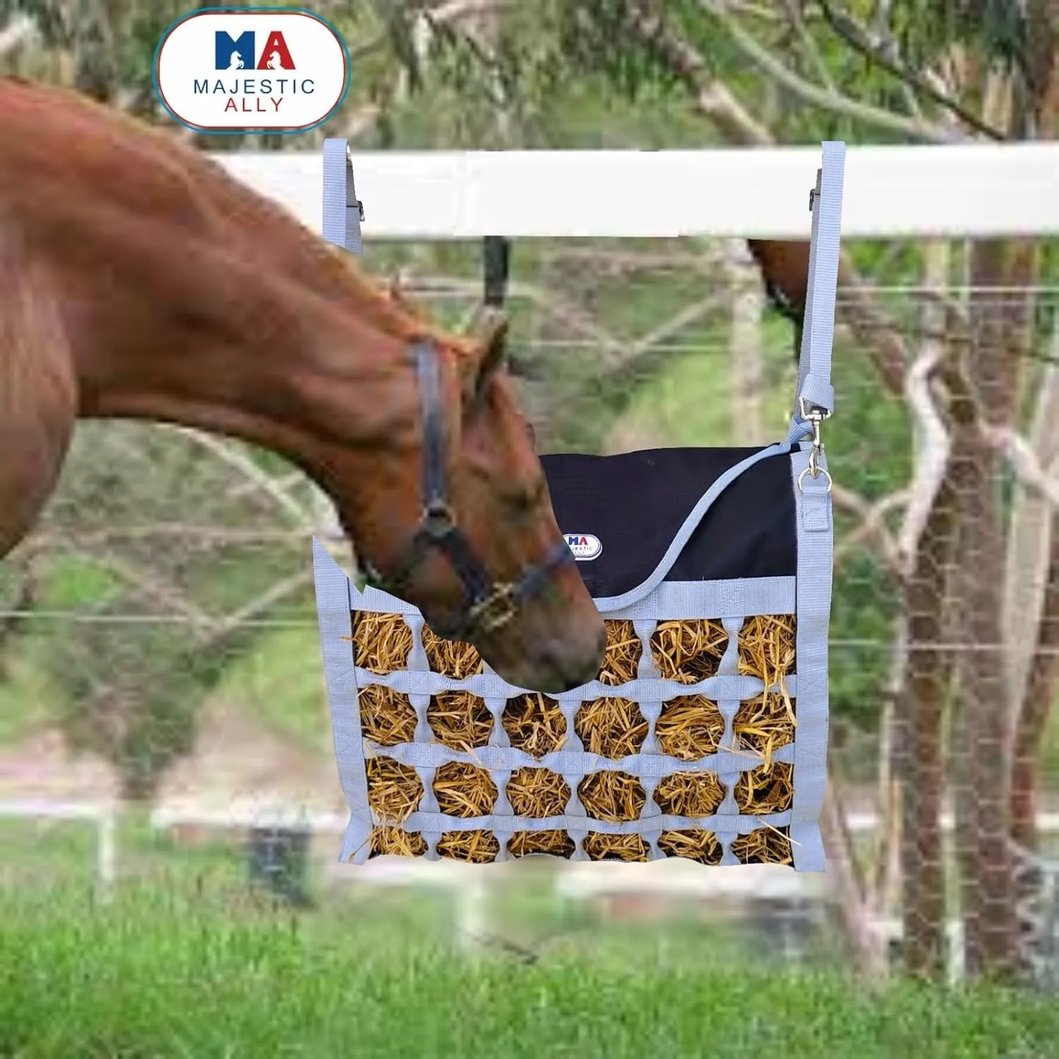 Majestic Ally Animal Health Hay Bag for Horses, 2.5" Holes, Top Load, Travel Feeder, Reduces Waste, 1 Year Warranty, Multiple Colors (Gray-Black)