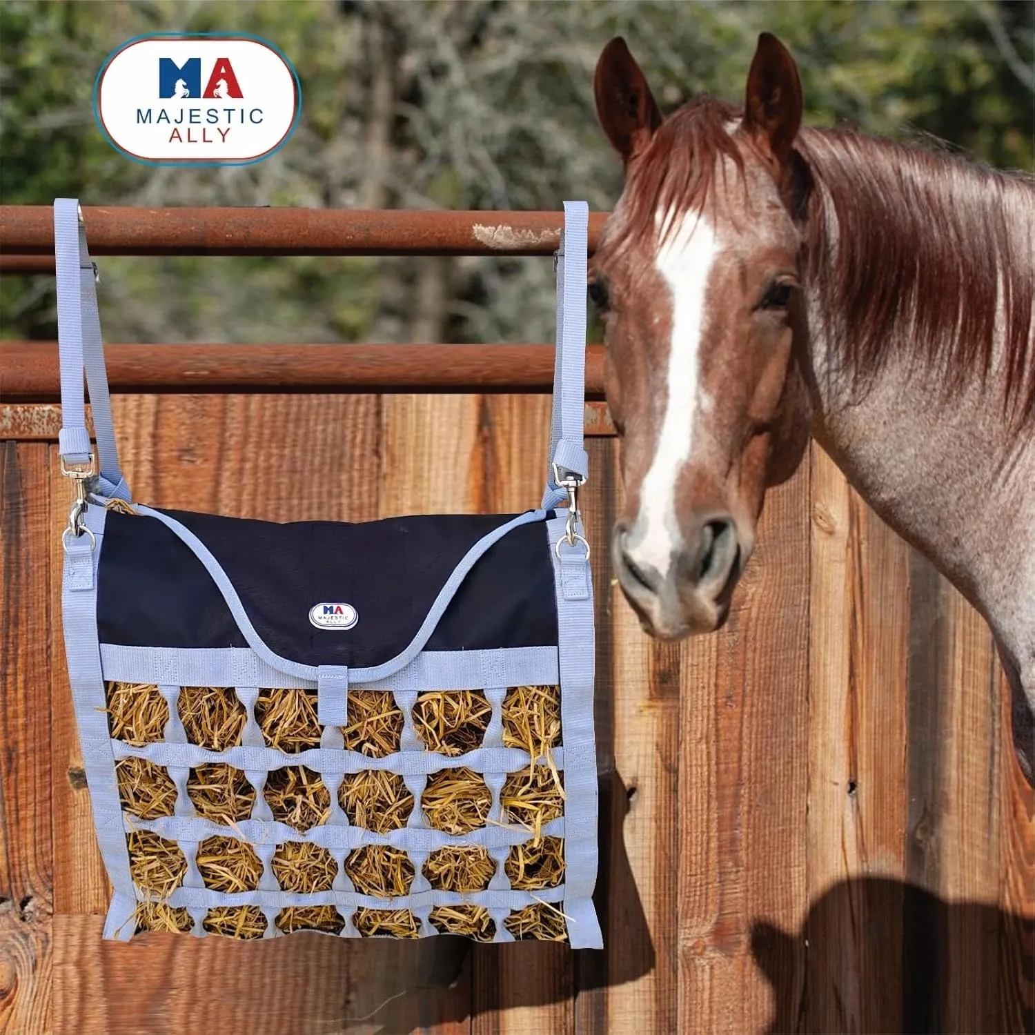 Majestic Ally Animal Health Hay Bag for Horses, 2.5" Holes, Top Load, Travel Feeder, Reduces Waste, 1 Year Warranty, Multiple Colors (Gray-Black)